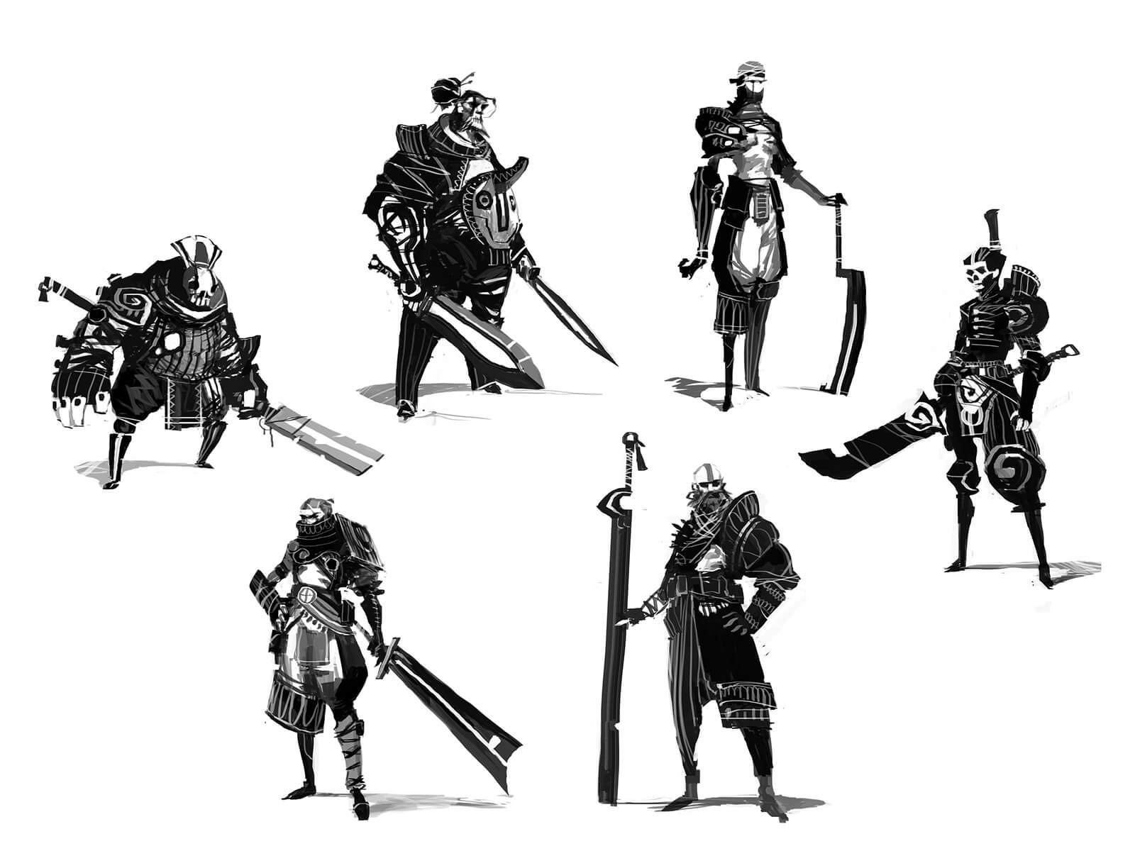 Black-and-white sketches of fearsome warriors posing with their oversized swords in ornate battle gear.