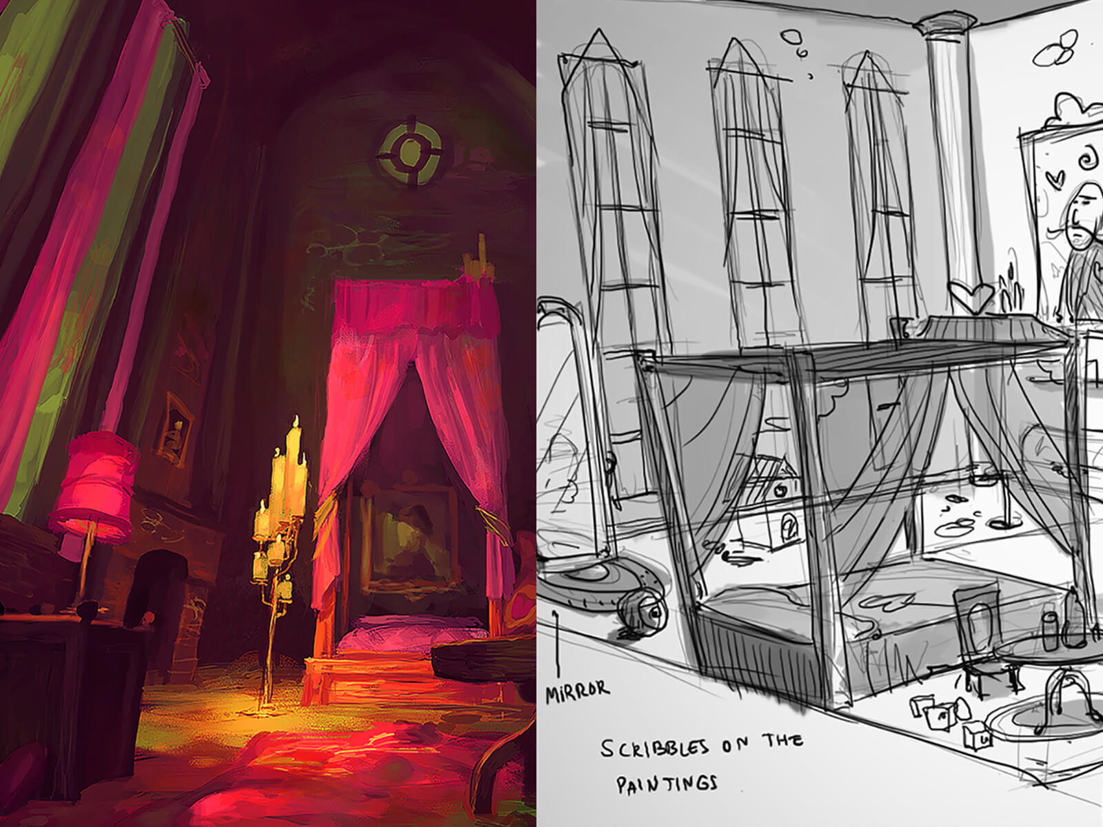 Bocetos en blanco y negro y en color de un espeluznante castillo, un dormitorio, un comedor y un laboratorio.