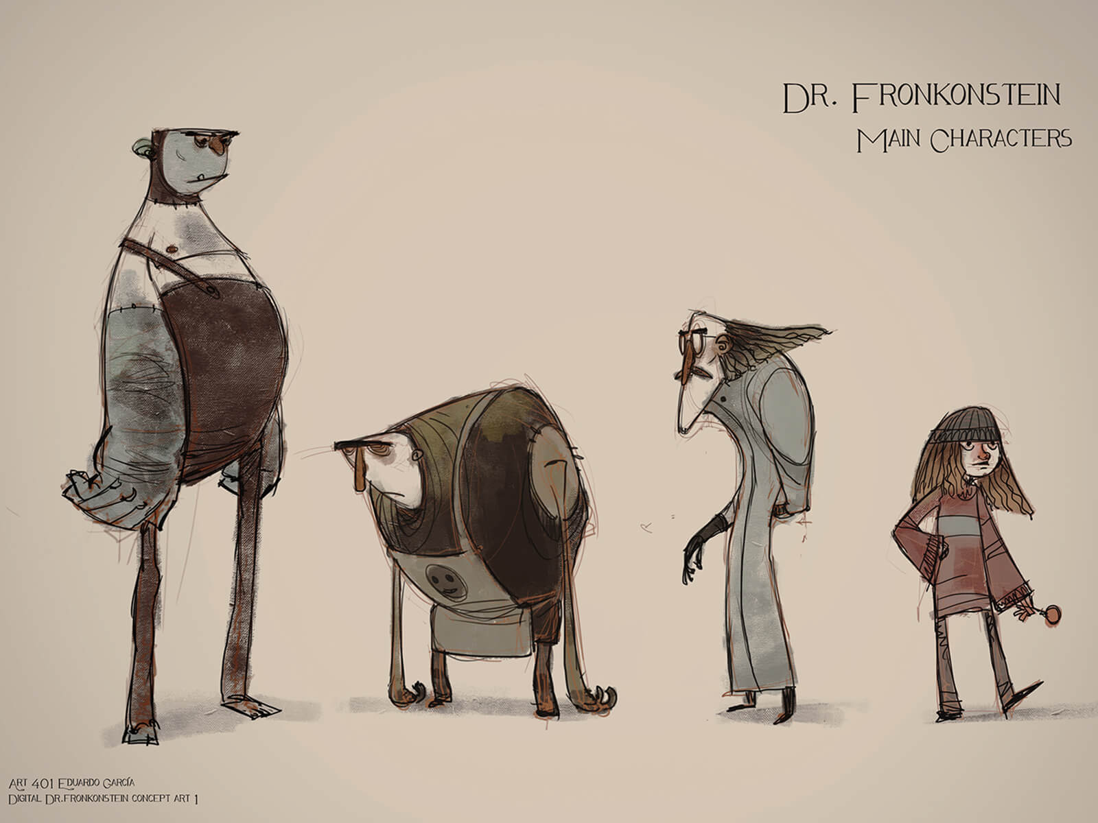 Concept sketches of characters, including a tall monster, hunched-over assistant, mad scientist, and a young, modern girl.