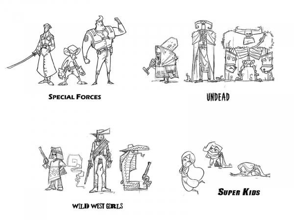 Bocetos de 6 grupos de combatientes, en categorías como No-muertos, Super Kids, Wild West Girls y Fuerzas especiales.