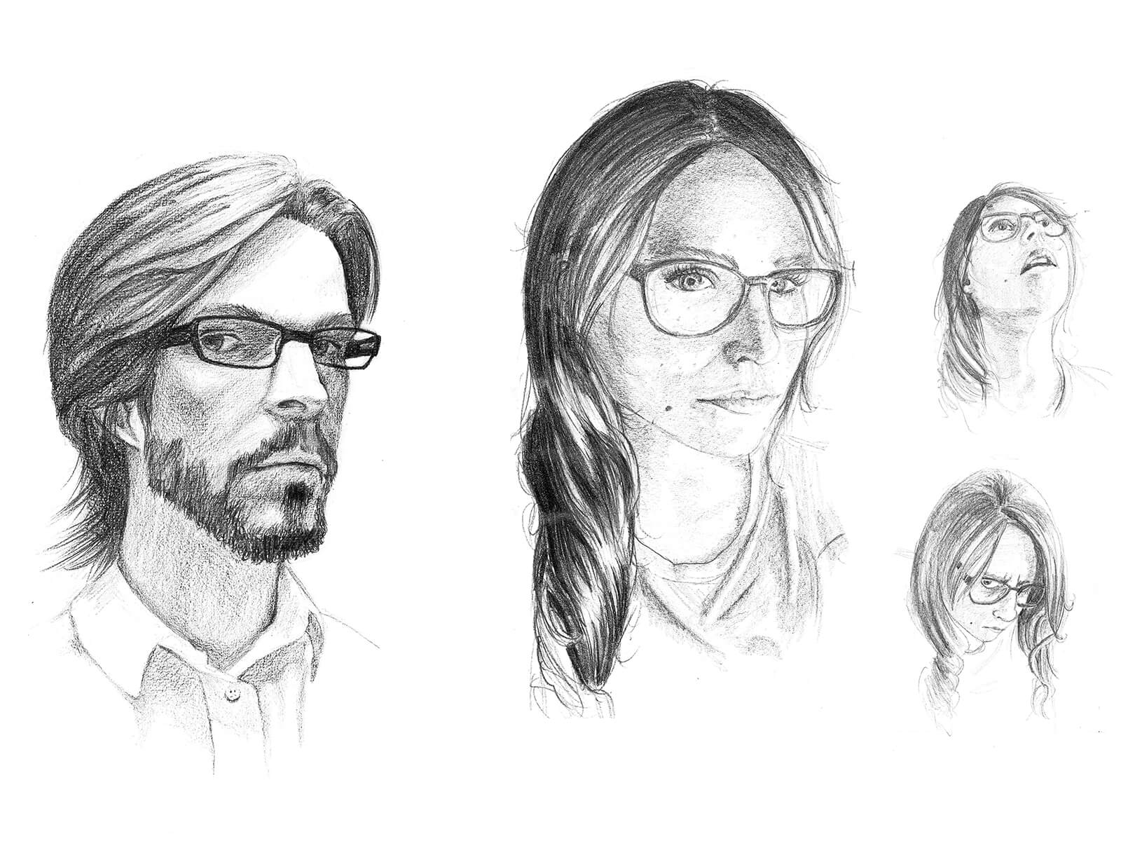 Black-and-white self portraits of a male and female artists&#039; faces. Each wear eyeglasses and the man has a beard.