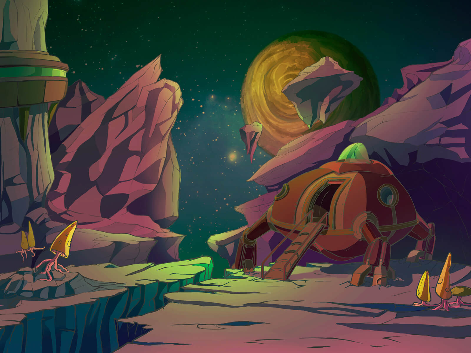 Rocky alien world with strange fungi and trees dotting the landscape. A red landing vehicle has lowered a ramp nearby.