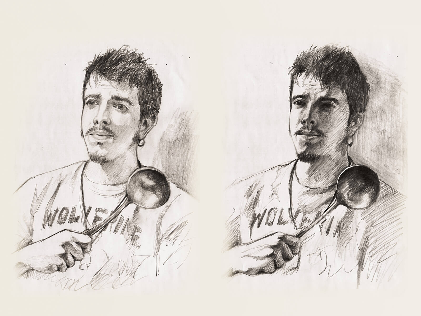 Two portraits in different lighting of a man wearing a shirt reading &quot;wolverine&quot; holding a punch ladle across his chest.