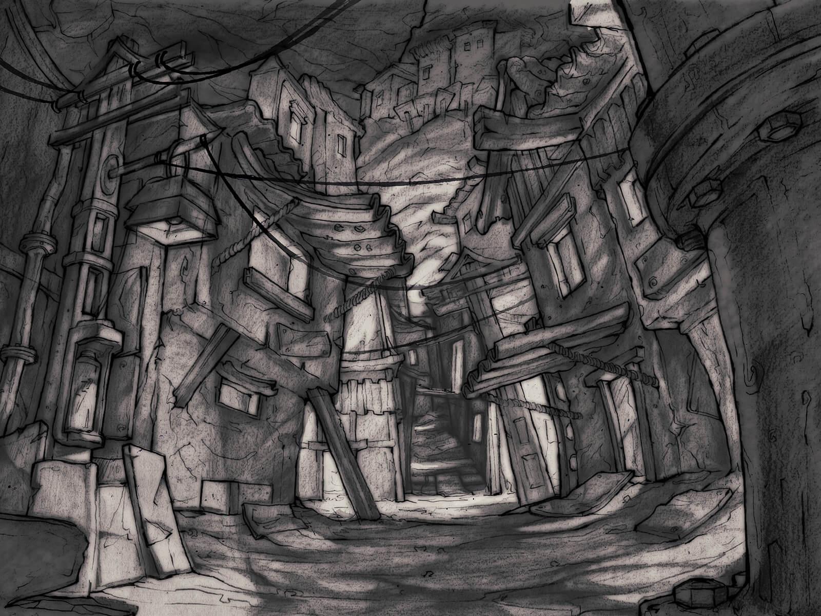 Dibujo en blanco y negro de un callejón estrecho y con poca luz a través de un paisaje urbano en ruinas construido bajo tierra.
