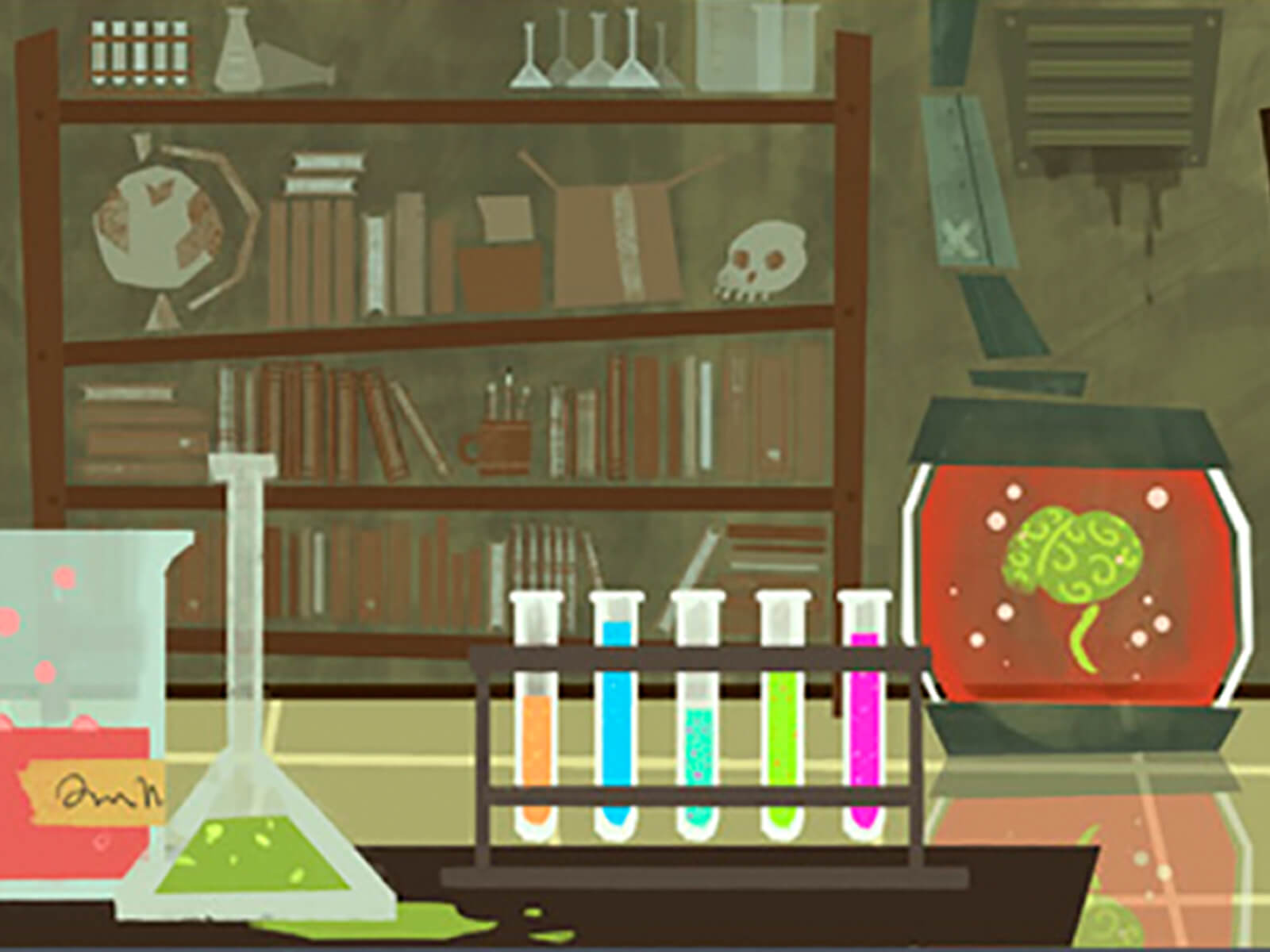 Panel de cuatro bocetos ambientales estilizados que representan un comedor, una finca, un laboratorio científico y un dormitorio infantil.