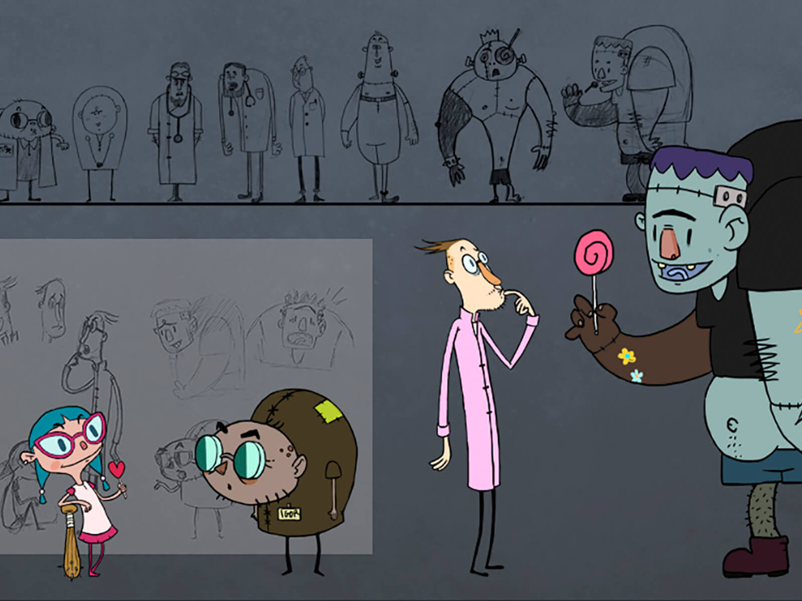 Bocetos conceptuales de una niña, un científico y su asistente enano, y un simpático Monstruo de Frankenstein sosteniendo una piruleta.