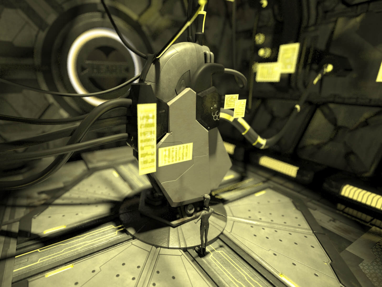 Imagen conceptual en 3D de un hombre de pie ante una imponente estructura metálica mecánica enganchada a las paredes por tubos y cables.