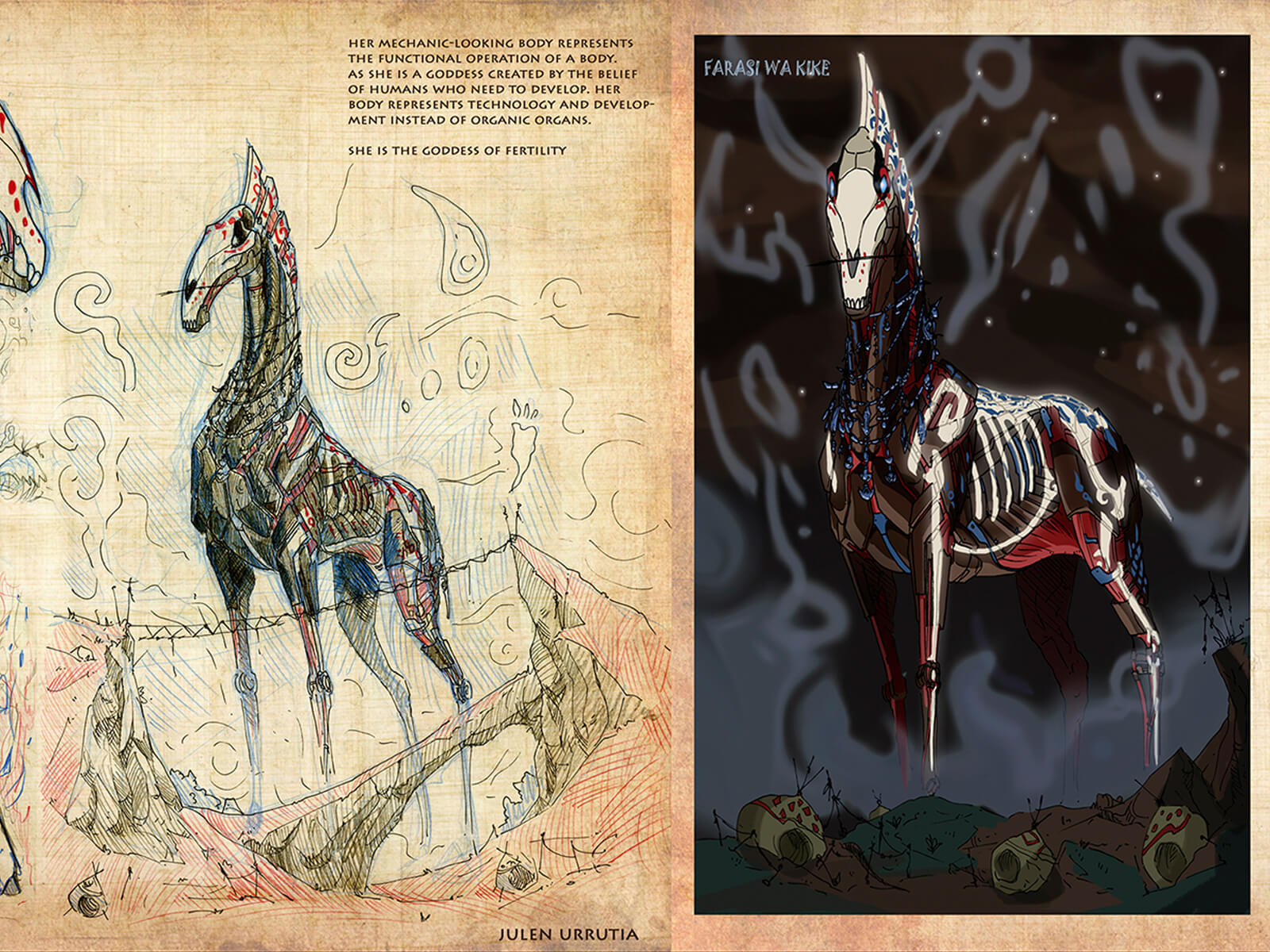 Arte conceptual de un caballo esquelético-mecánico adornado en rojo, blanco y azul y chamanes de color rojo con atuendos antiguos.
