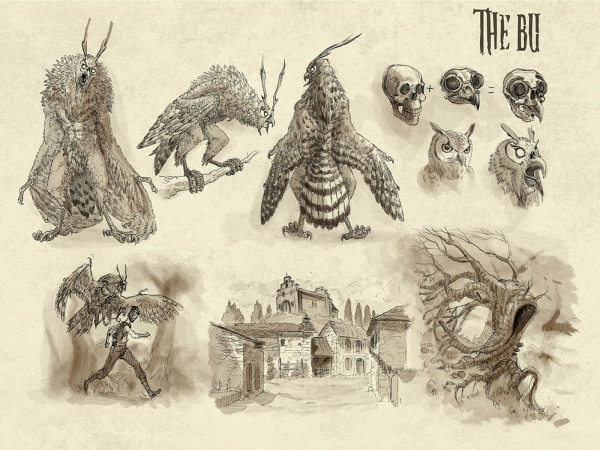 Bocetos en blanco y negro de una enorme bestia parecida a un búho, incluida su anatomía y la explicación de sus hábitos.