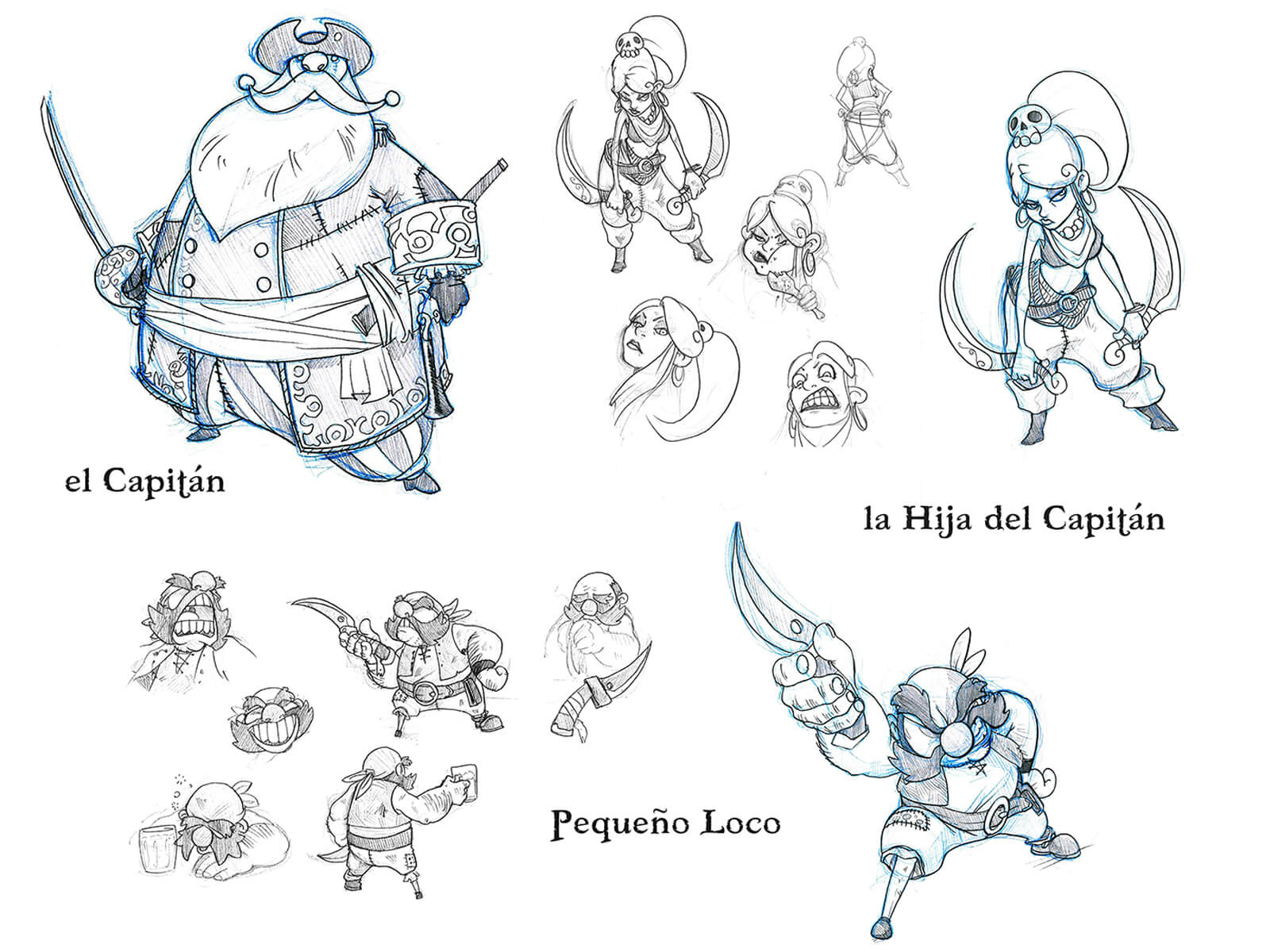 Black-and-white sketches of a rotund pirate captain, his sword-wielding daughter, and an elderly pirate with a dagger.
