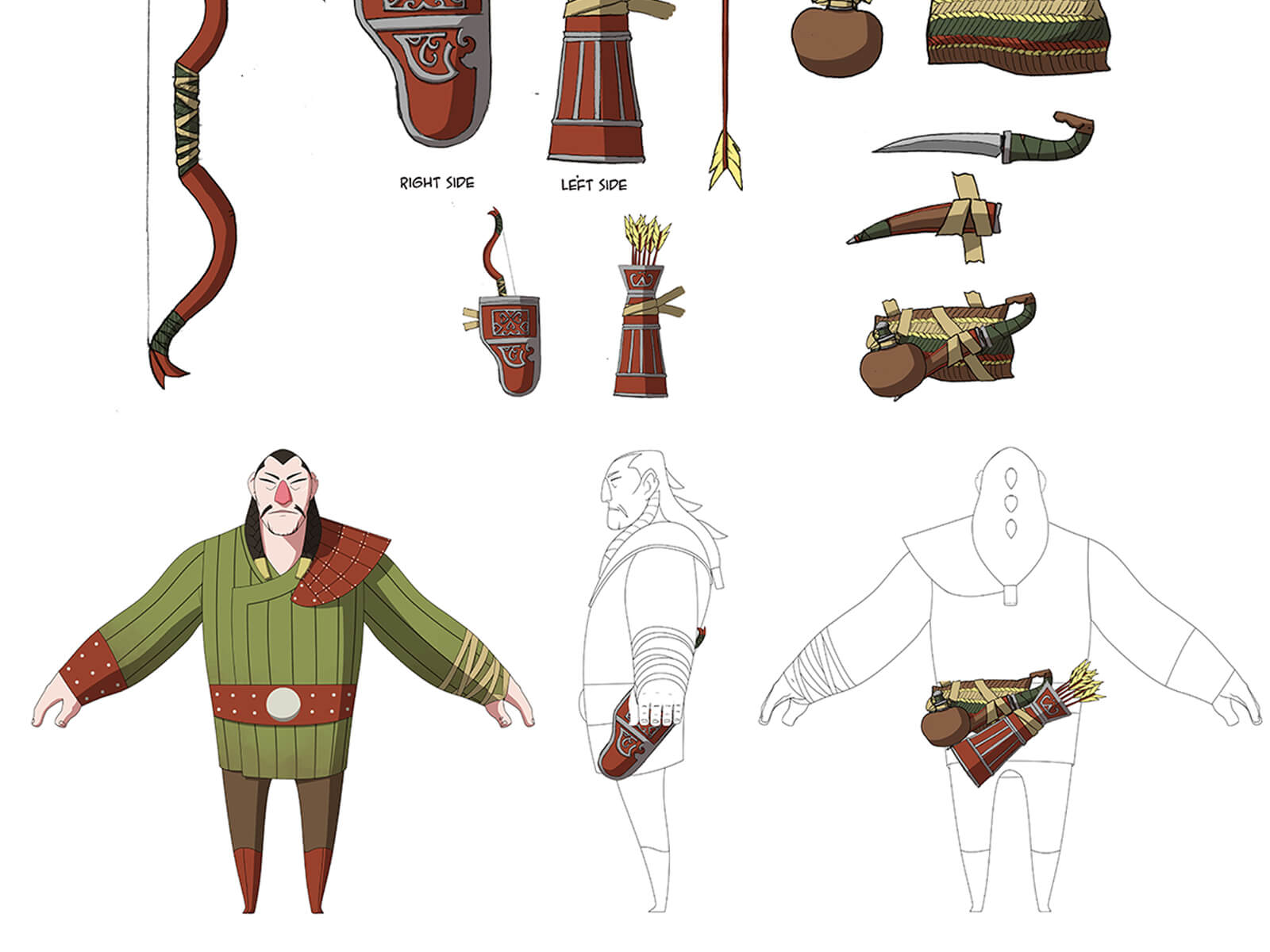 Boceto en color de un antiguo cazador y su equipo, incluido un arco, unas flechas, un carcaj, un cuchillo y una bolsa de agua.
