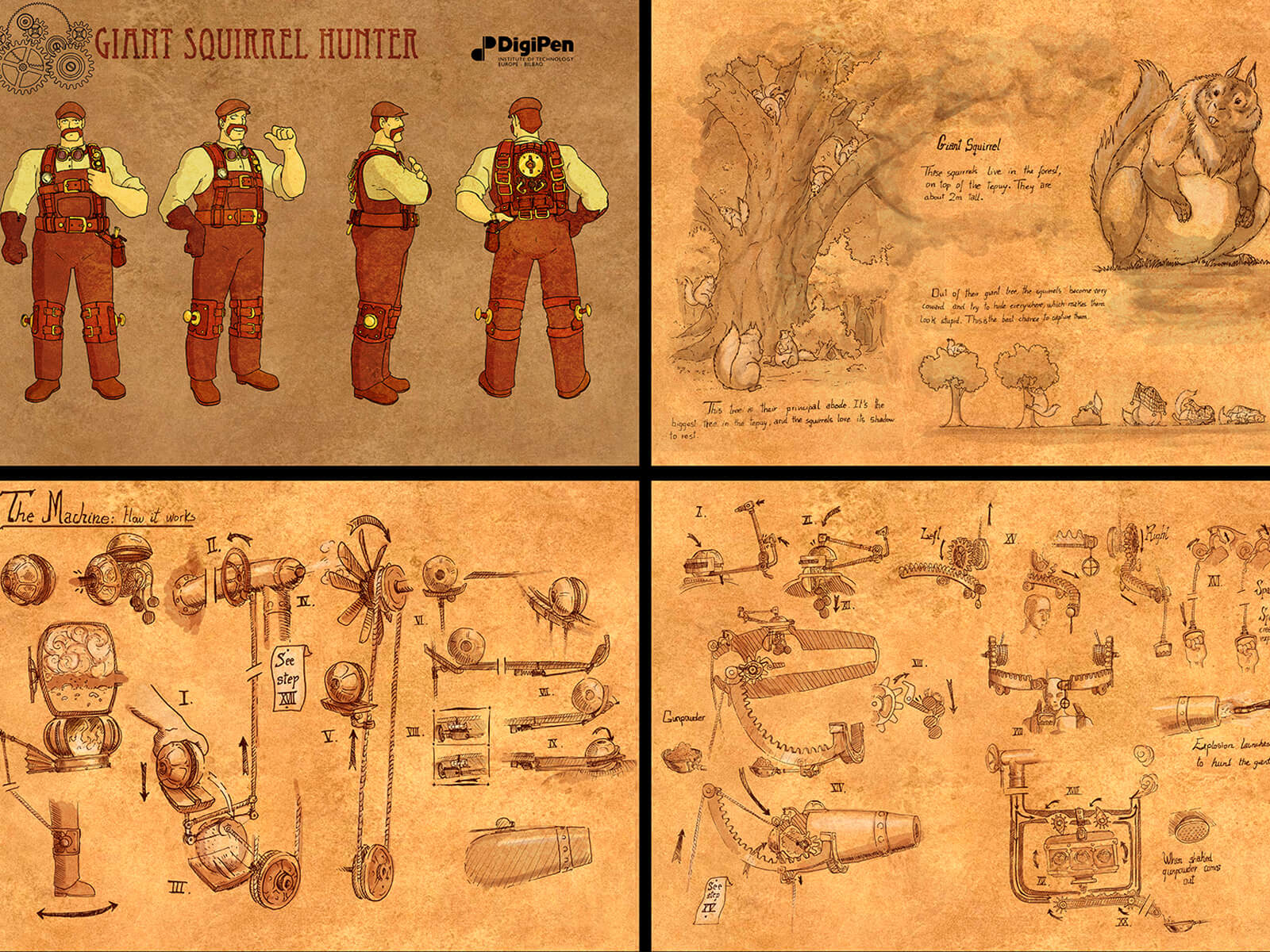 Sepia-toned concept art of a squirrel hunter character, his mechanical equipment, and a description of giant squirrel beasts.