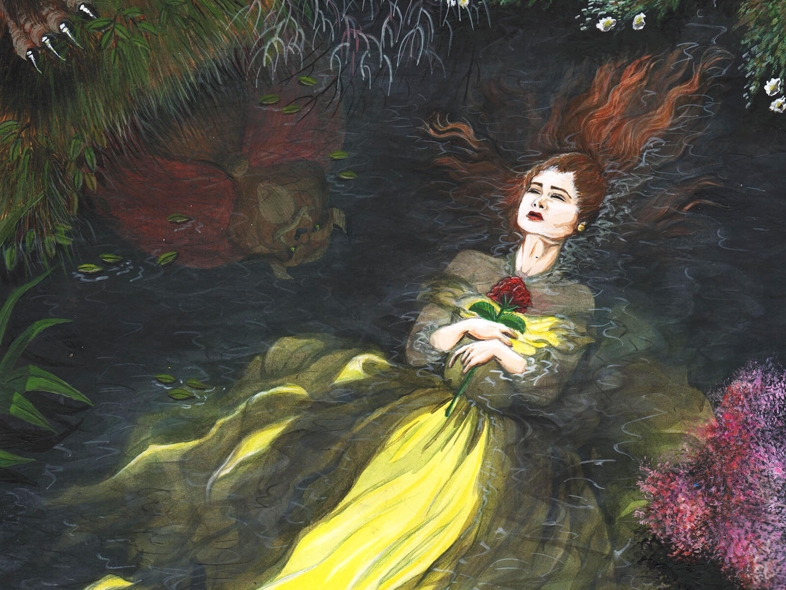 Una mujer con un vestido amarillo que fluye agarra en su pecho una sola flor roja flotando inconsciente en un estanque del bosque.