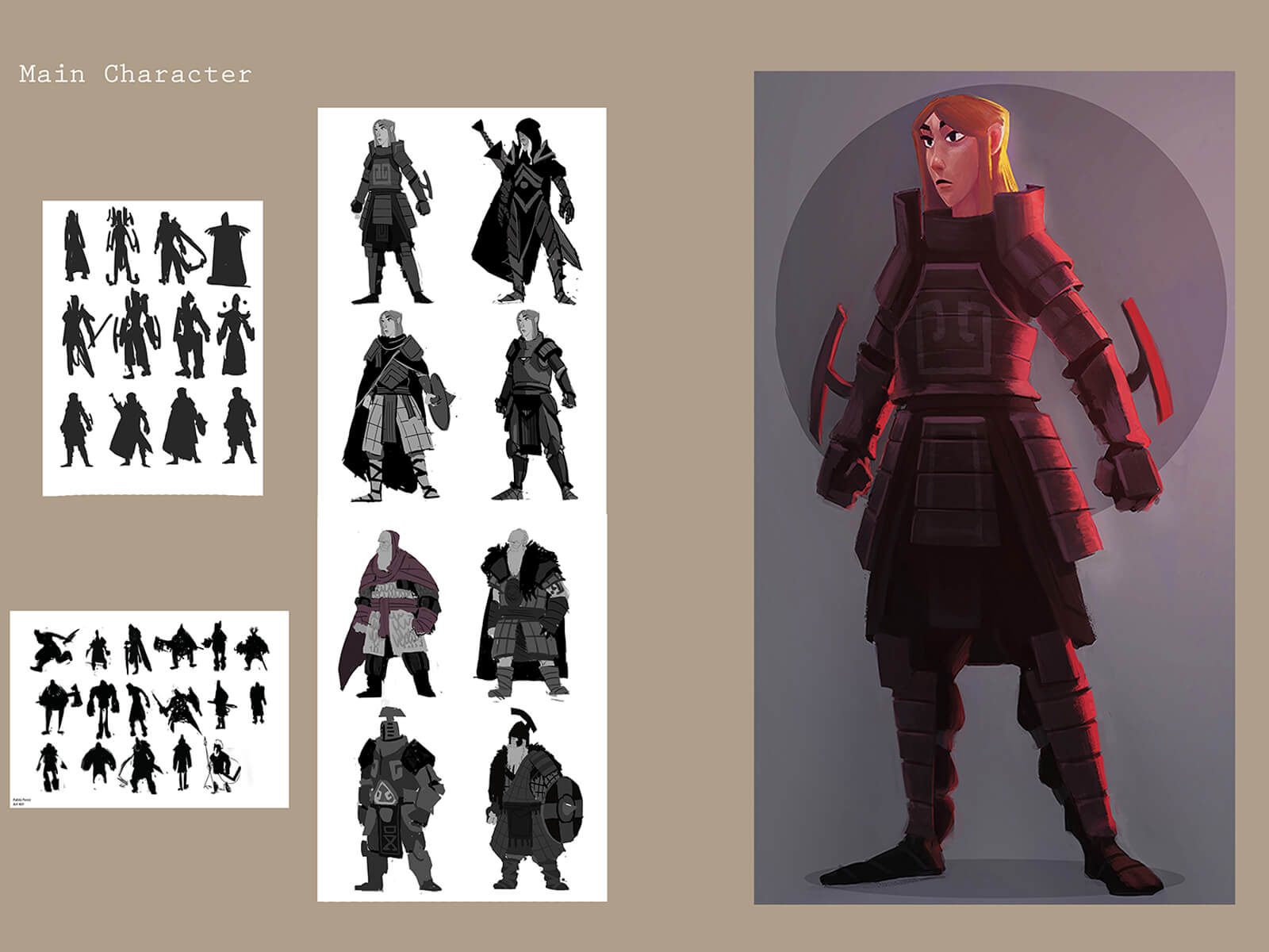 Black-and-white, color, and silhouette drawings of various warriors standing in different armor sets and styles.