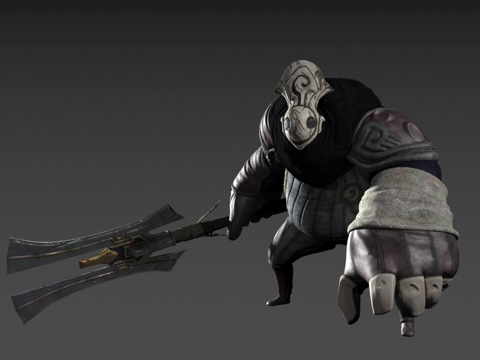 Un robusto personaje en 3D con su equipo de batalla de tela y una máscara gris desgastada sostiene, a un lado, un arma grande de dos puntas.