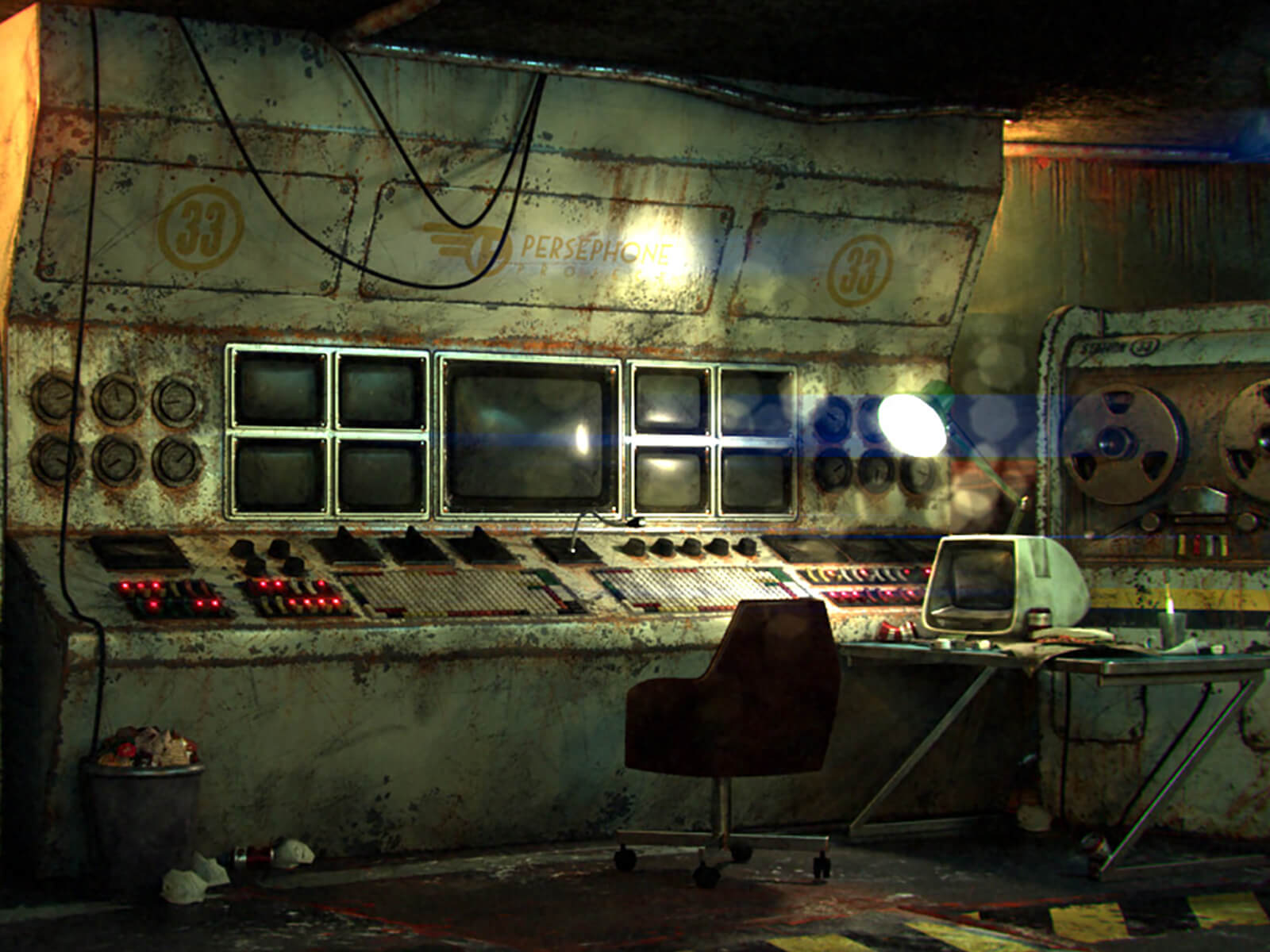 En un búnker subterráneo, una consola de control en ruinas co una electrónica obsoleta, rodeada de monitores y computadoras de cinta magnética.
