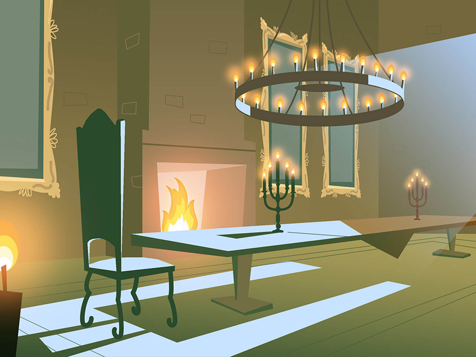 Arte conceptual de una mesa de comedor larga con sillas de respaldo alto junto a una chimenea. Un candelabro a la luz de las velas brilla en lo alto.