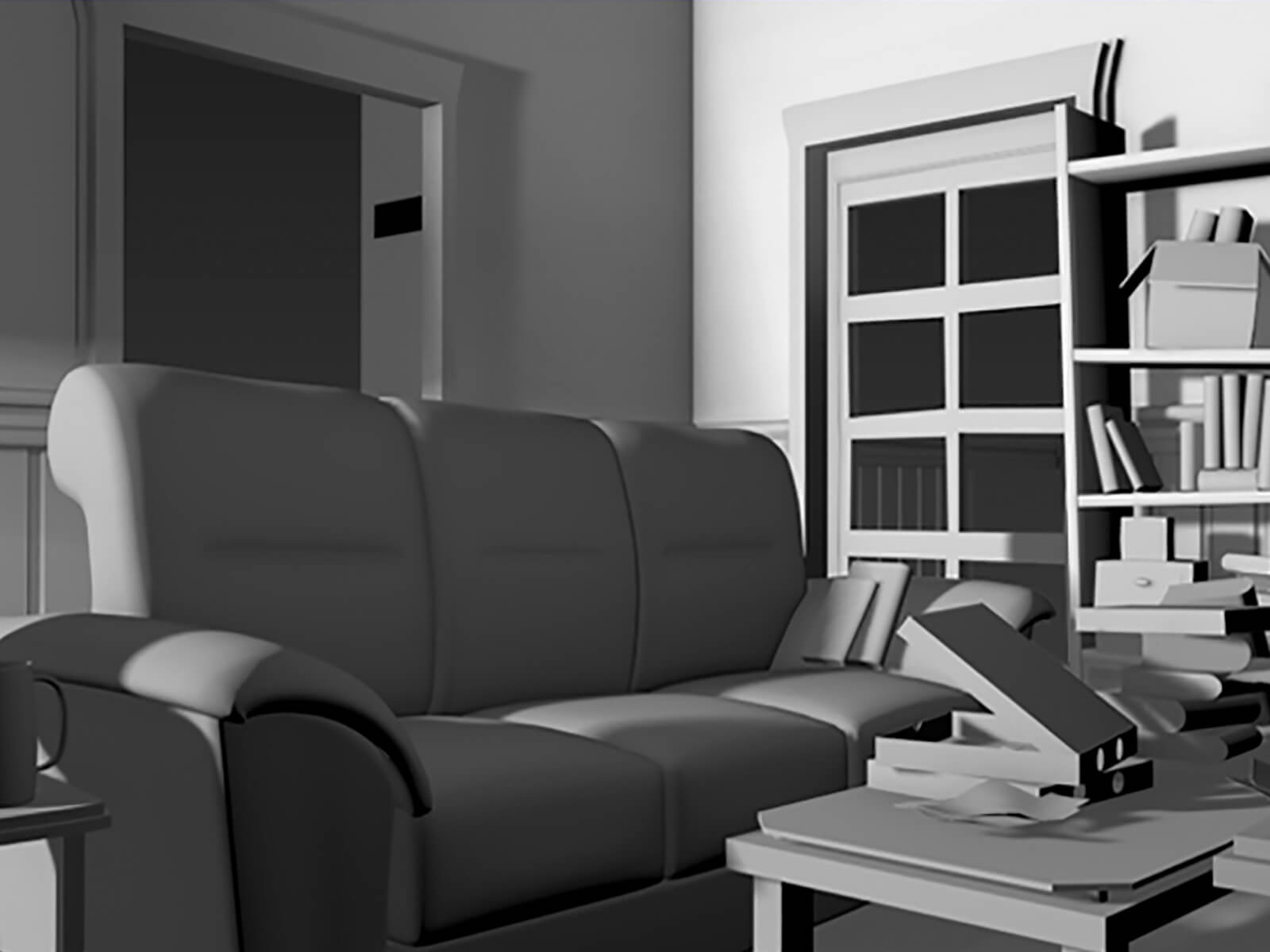 A colorless 3D-modeled living room with a couch in front of a small coffee table with a pizza box and books piled on top.
