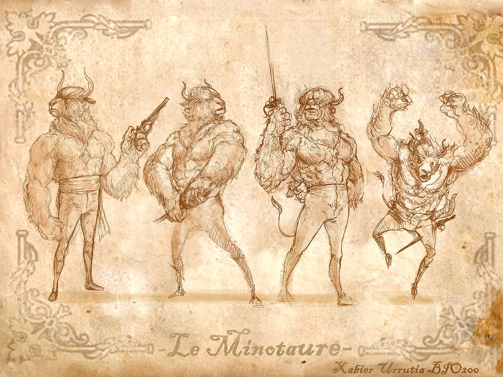 Bocetos en blanco y negro de un minotauro empuñando un estoque y una pistola, su guarida y con la descripción de sus hábitos.