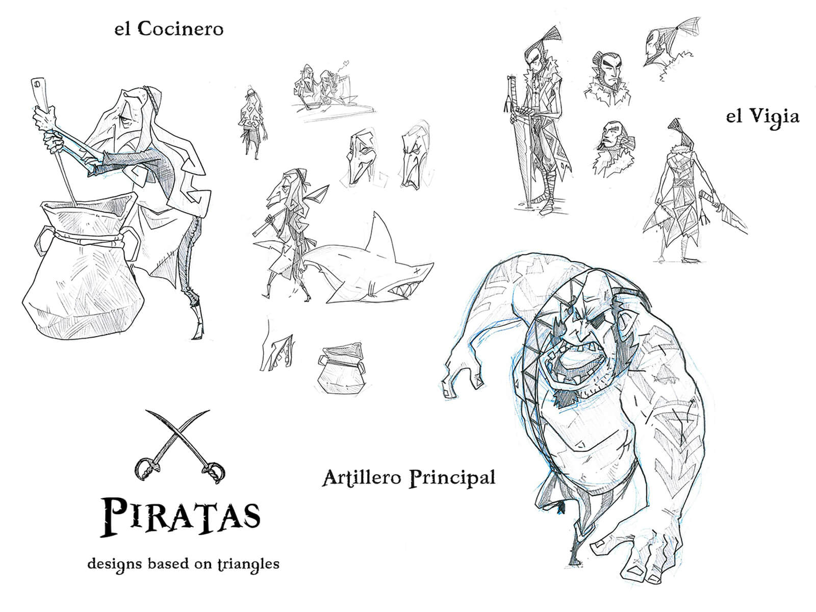 Black-and-white sketches of an old cook, a sword-wielding watchman, and a hulking pirate artilleryman.