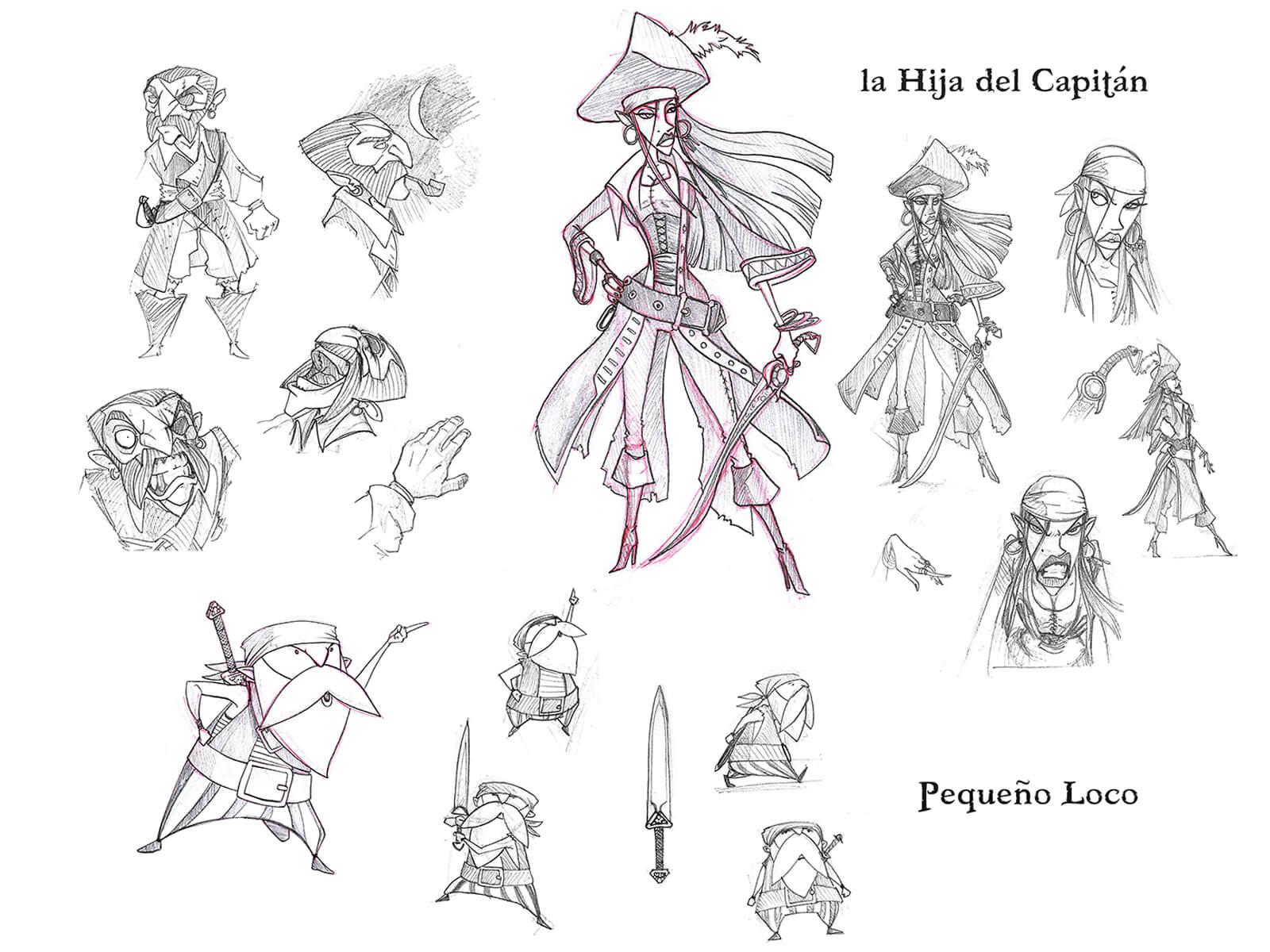 Bocetos en blanco y negro de un capitán pirata, su hija empuñando una espada y un pirata viejo y bajo.