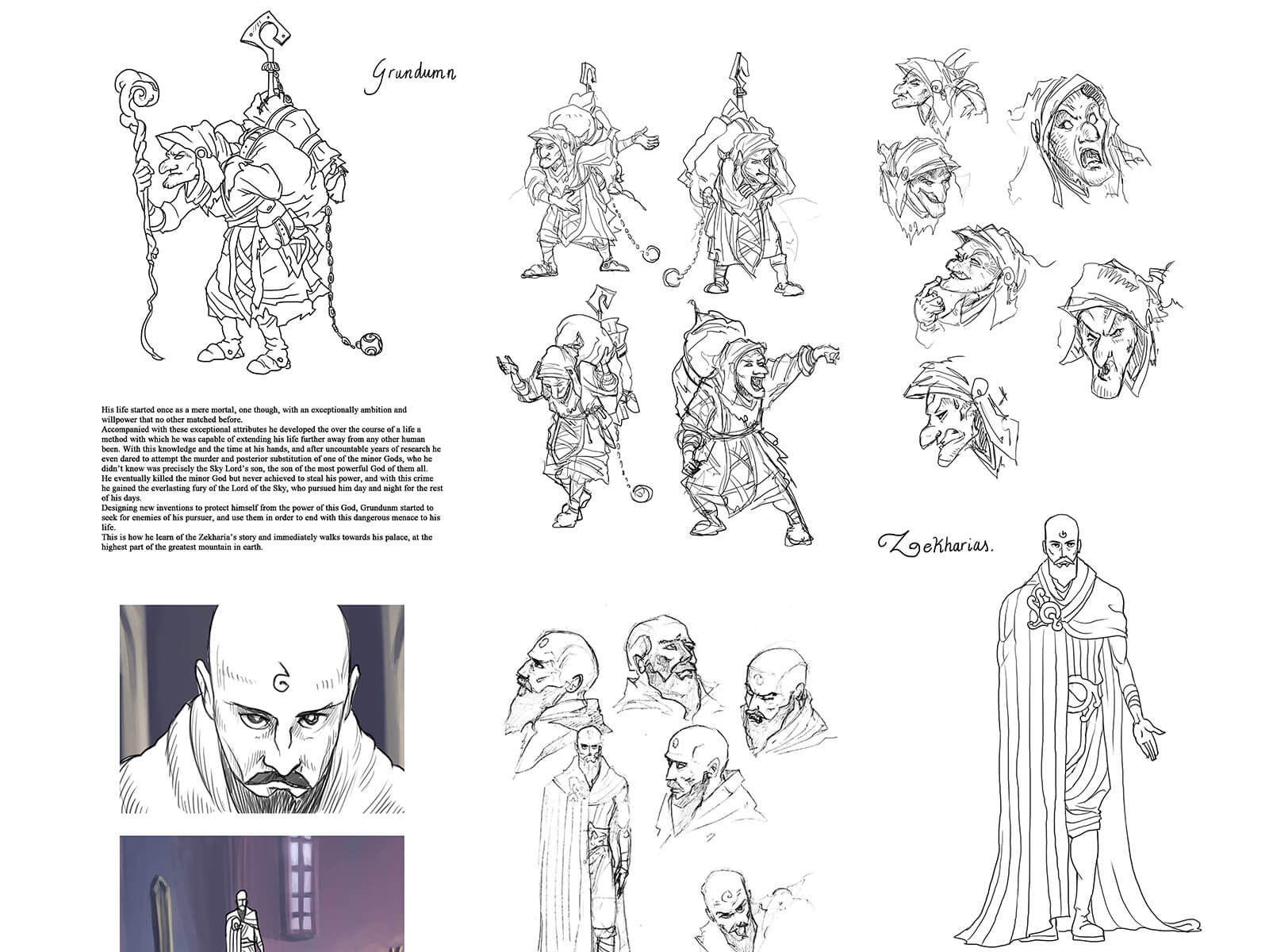 Black-and-white sketches of a hunched over goblin with a large rucksack and a tall, bald robed man with a beard.