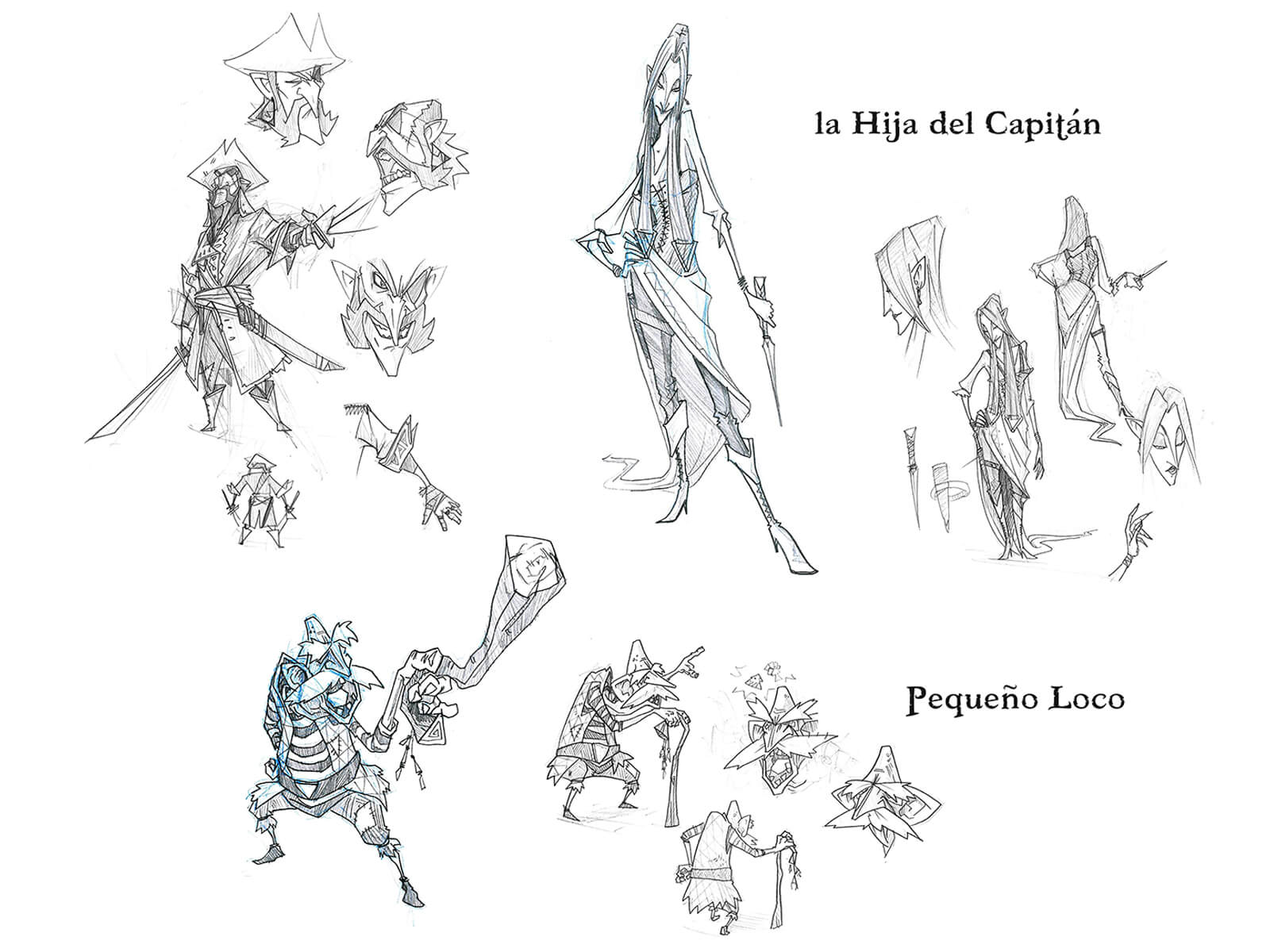 Black-and-white sketches of an angular pirate captain, his daughter, and an elderly man with a walking stick.