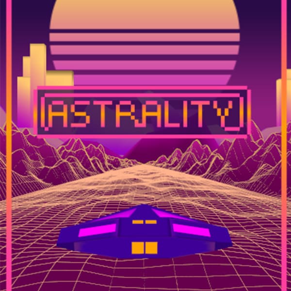 A spaceship crosses a rail line forward to the sun with Astrality logo above