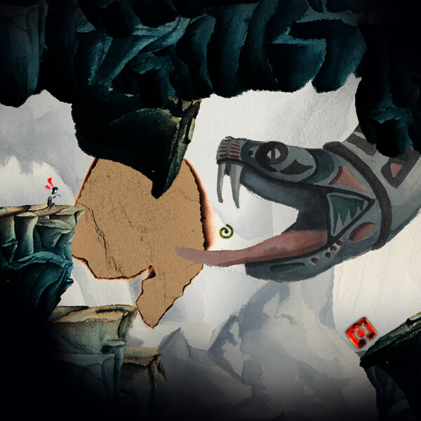 Escena de cueva en 2D con una gran serpiente gris colgando del techo, con las fauces abiertas y los colmillos descubiertos contra una pequeña figura negra.