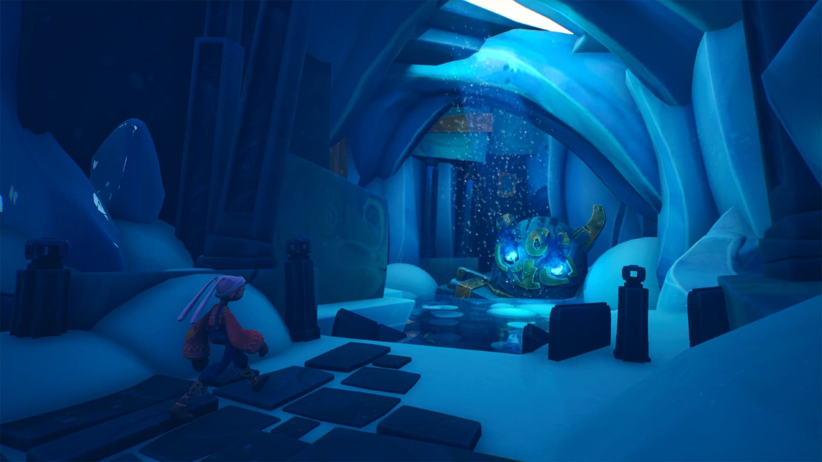 El protagonista está explorando dentro de una grieta luminosa que emite luz desde el techo.