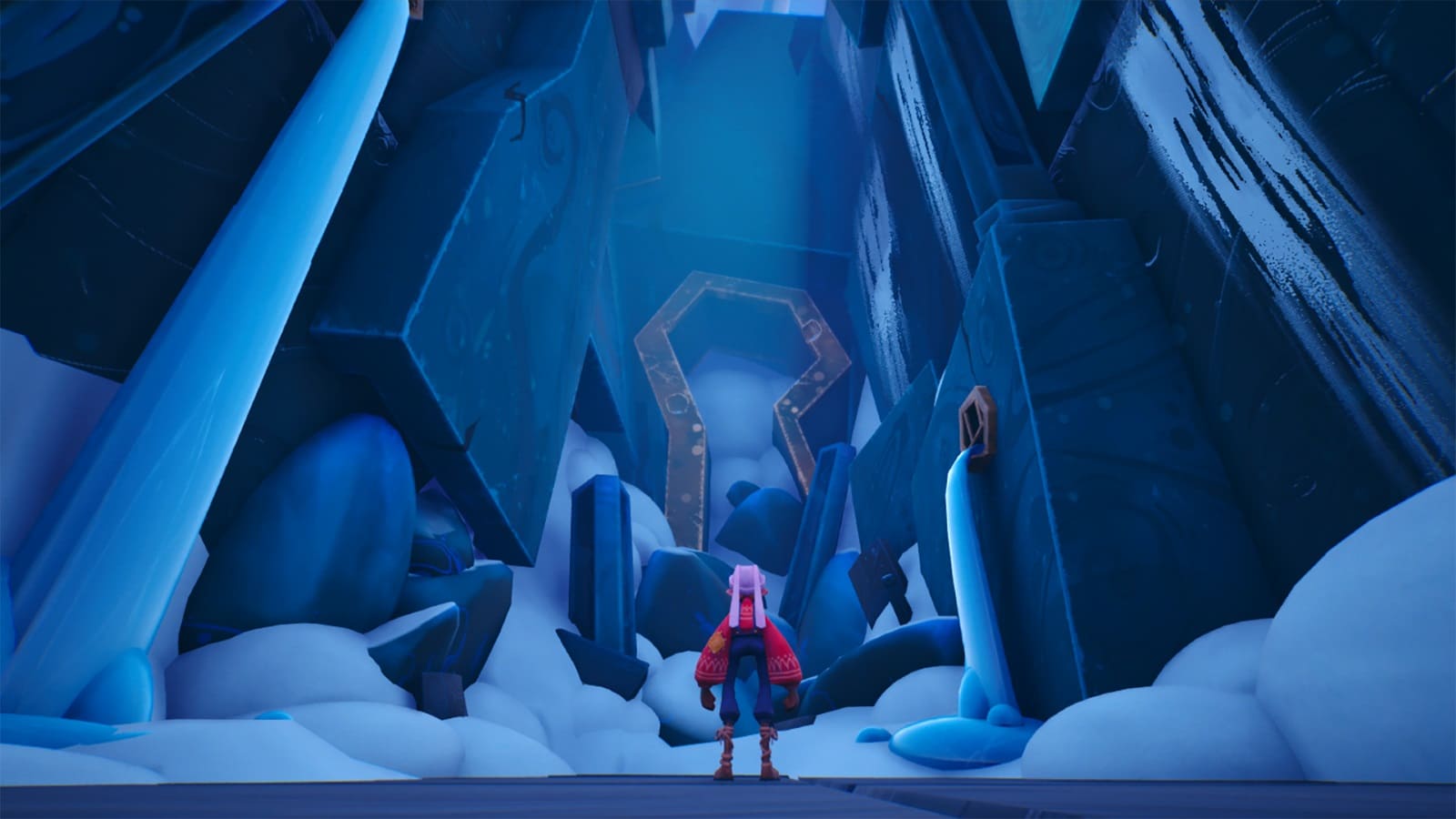 A character is standing in front of a lock-shaped door surrounded by snow
