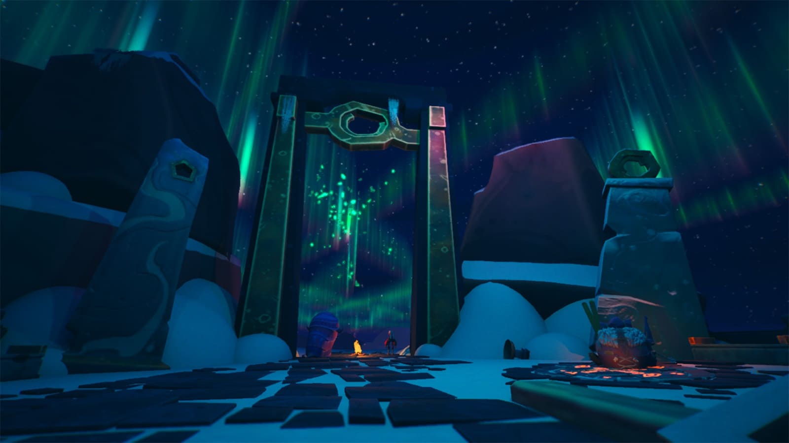 Una vista lejana del personaje a traves de una puerta con las luces del norte visibles en el cielo.