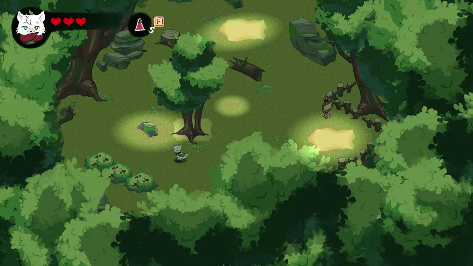 Vista isométrica de un personaje explorando un exuberante bosque verde