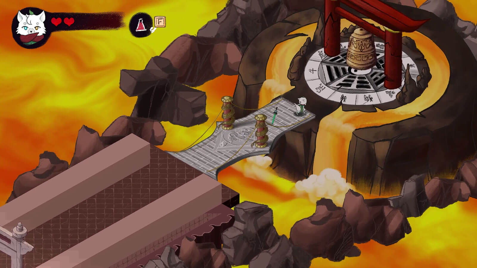 El personaje atraviesa un puente sobre lava hasta una plataforma con símbolos del zodíaco chino en el suelo