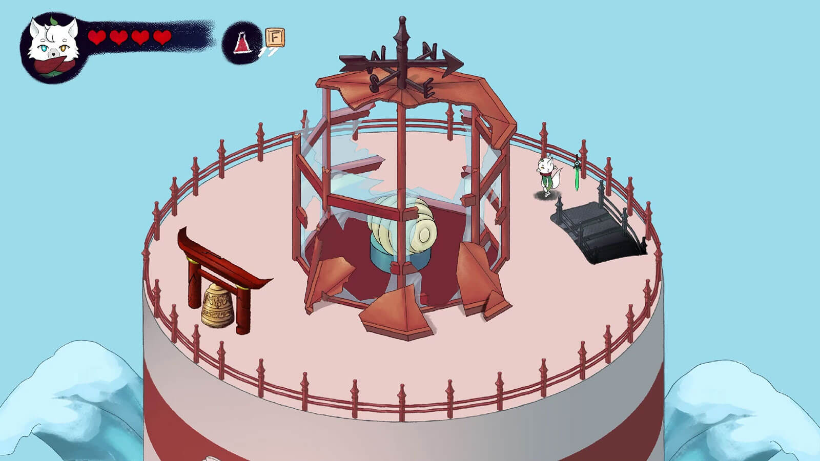 El personaje se encuentra en lo alto de una torre alta con un dispositivo rodeado de vidrios rotos en el centro.