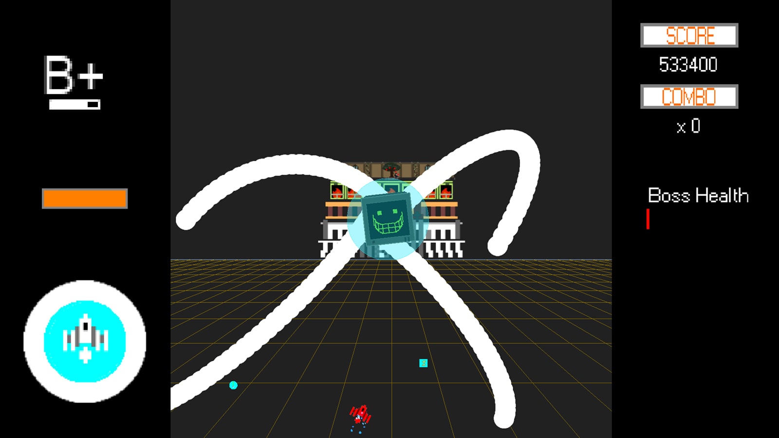A computer screen with a green grin grows white tendrils. A spaceship hovers below