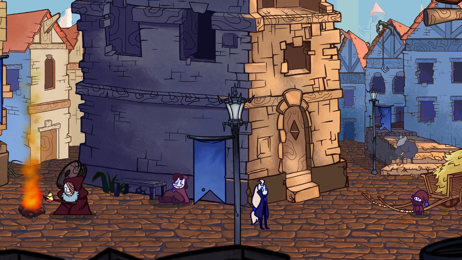 Una escena de pueblo con un personaje junto a una hoguera, otro durmiendo contra un edificio y una rata gigante.