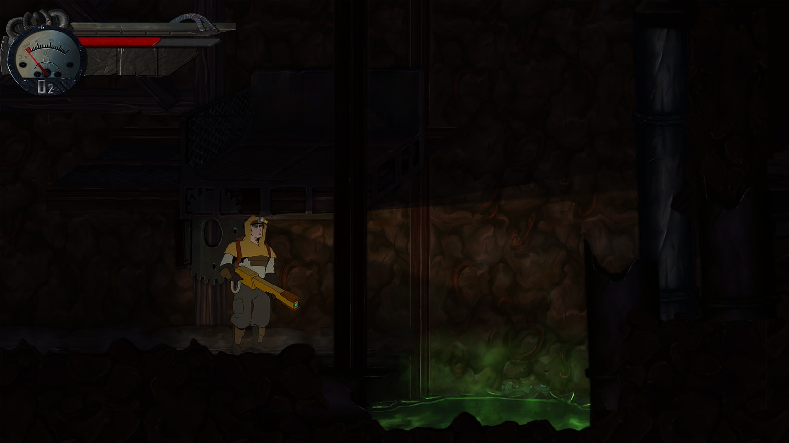 El protagonista del juego mira un pozo lleno de lodo verde tóxico.