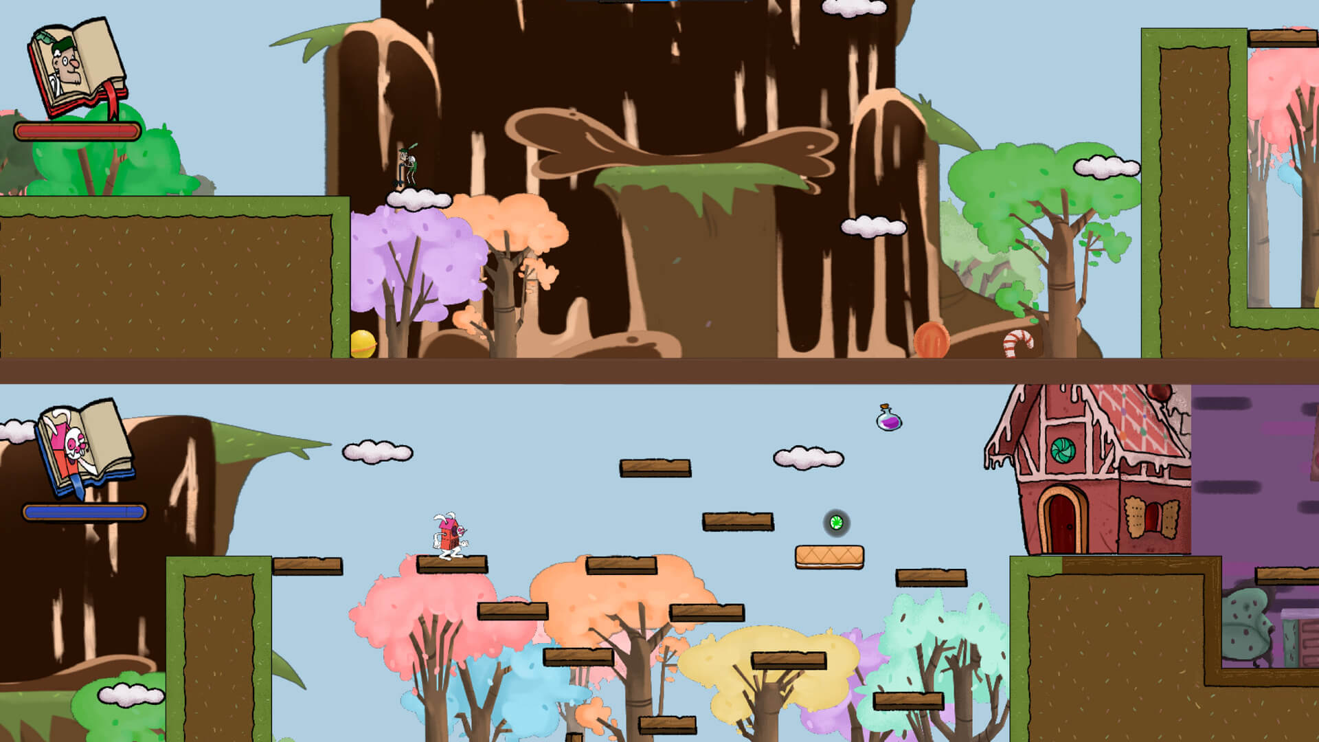 Two players race for the magic potion, each advancing at their own pace in a world composed of floating terrains and colorful trees.