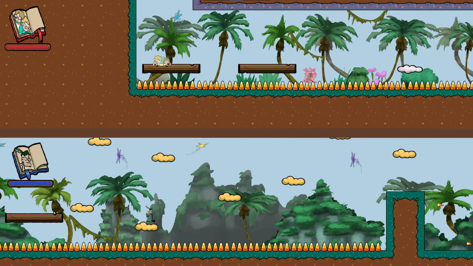 Two players race for the magic potion, each advancing at their own pace on a mysterious island filled with palm trees and floating clouds.