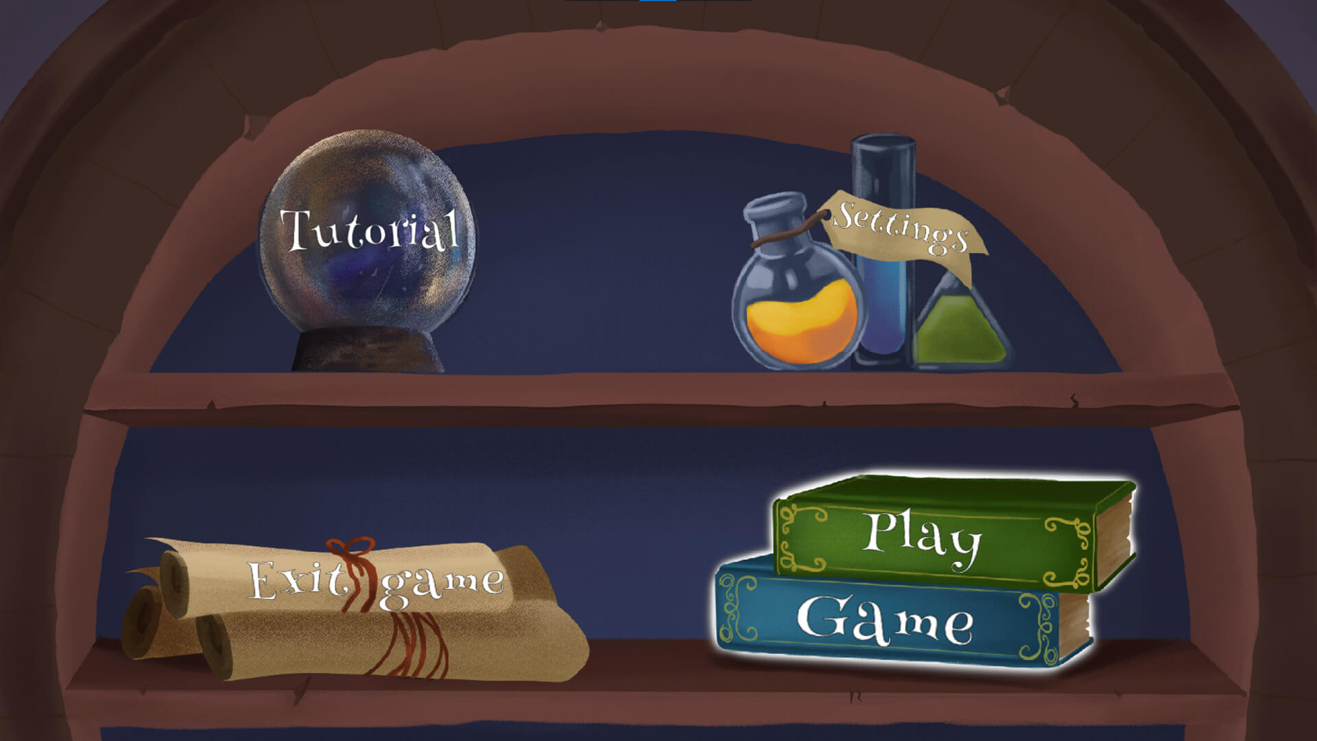 The game&#039;s &#039;menu&#039; screen is displayed with various options located on objects such as a crystal ball, potions, rolled-up scrolls, and books.
