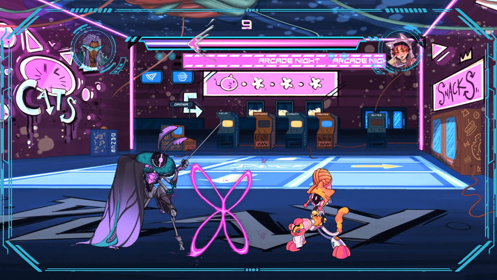 Kai and Aylo are fighting in the arcade zone.