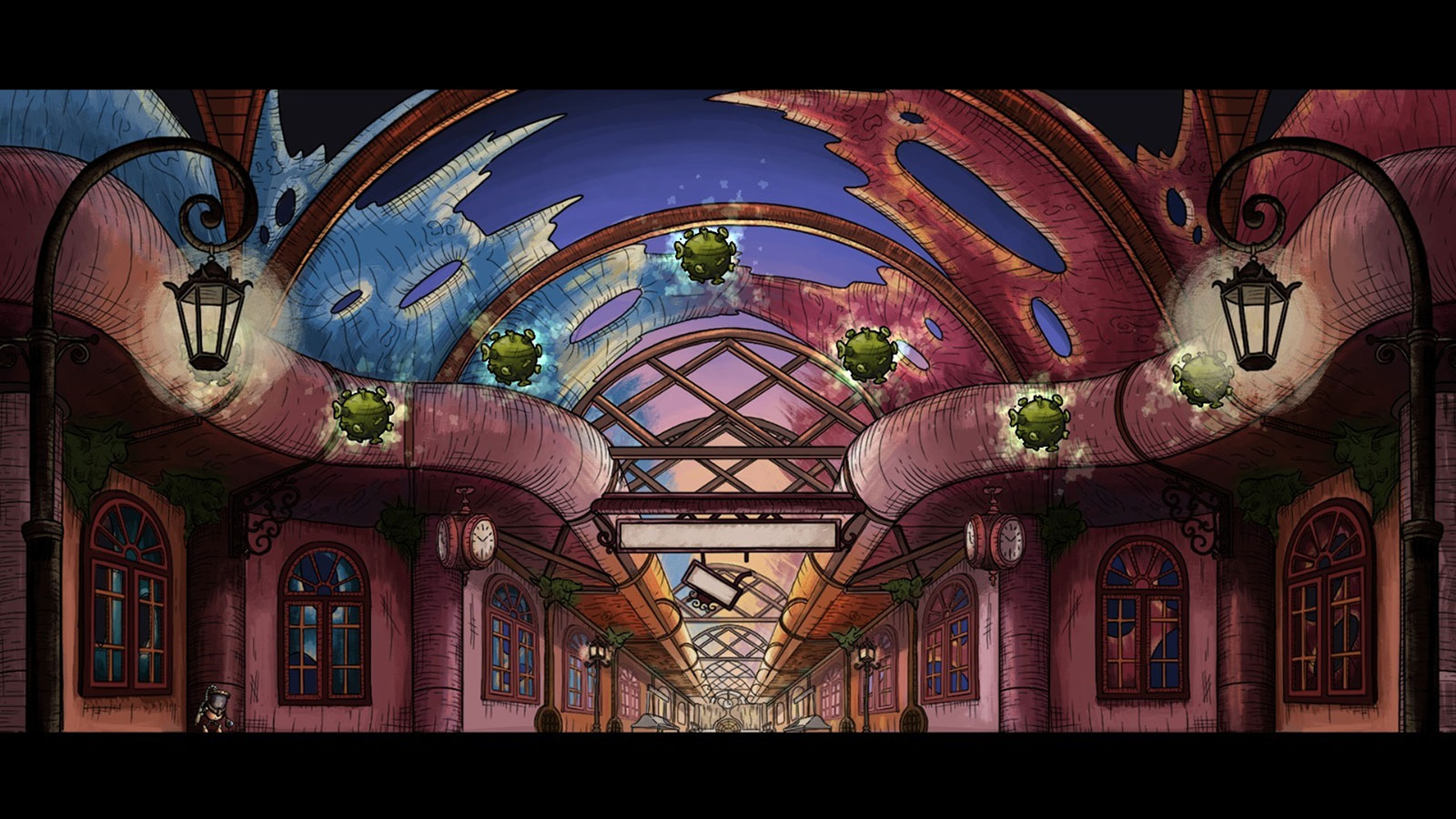 Cinematic cutscene of the player arriving in a massive hallway with an open ceiling