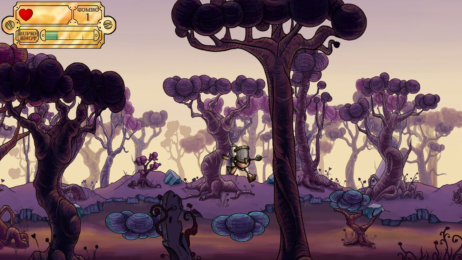 Player jumping between small bubble platforms with large purple trees in the fore and backgrounds