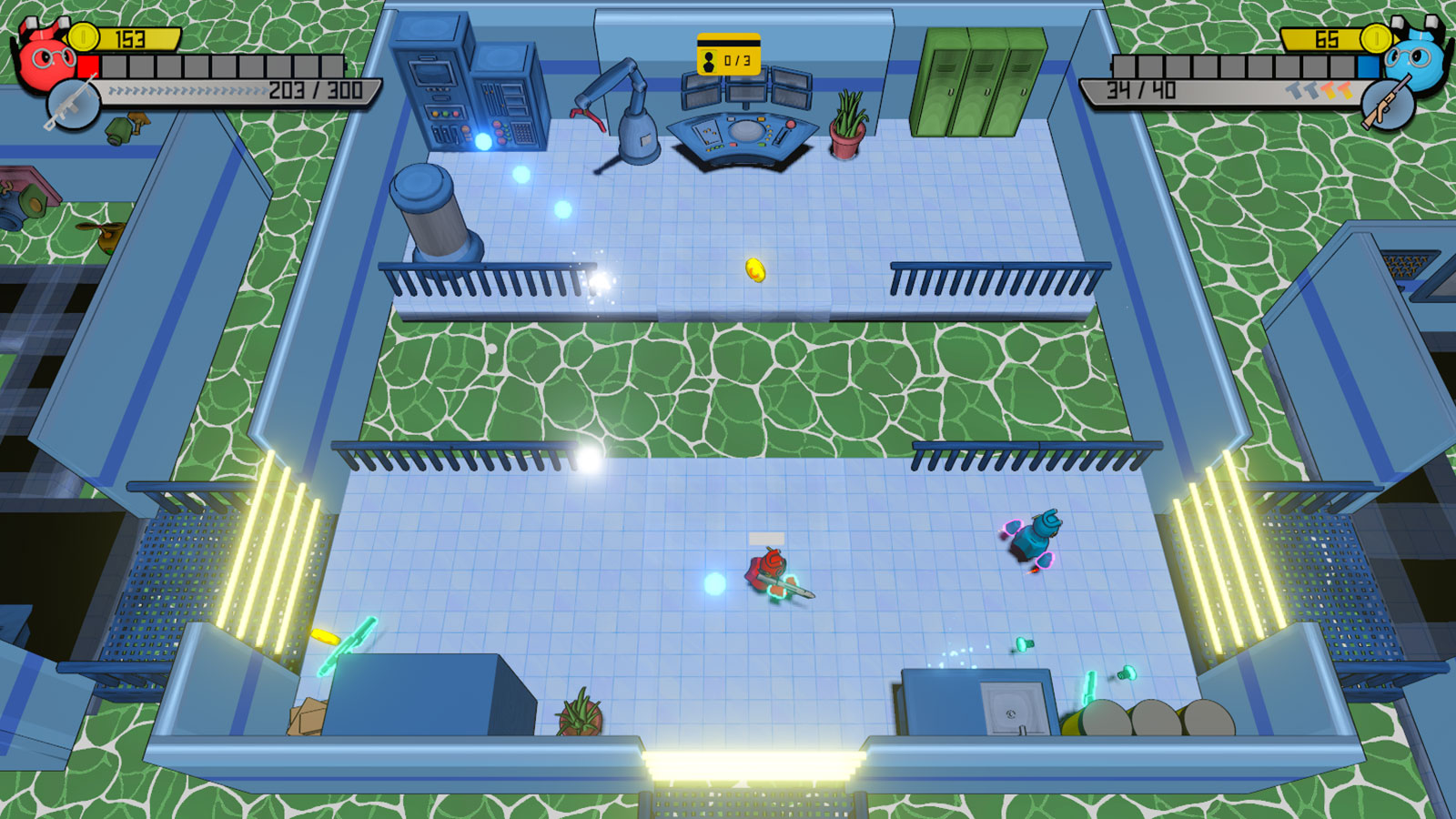 A red robot aims its weapon in a room separated by a channel of green water
