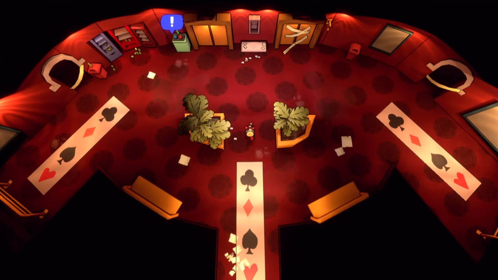 Vista desde arriba del jugador entrando a un hotel con diseños de símbolos de cartas en el suelo