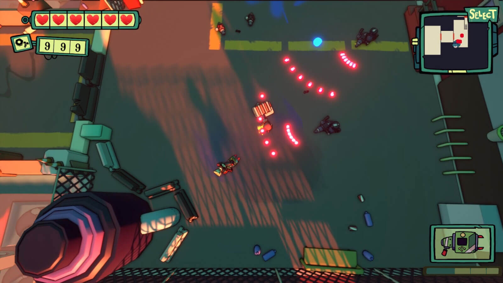 El jugador dispara una ráfaga de balas rojas hacia un enemigo en un aparcamiento.