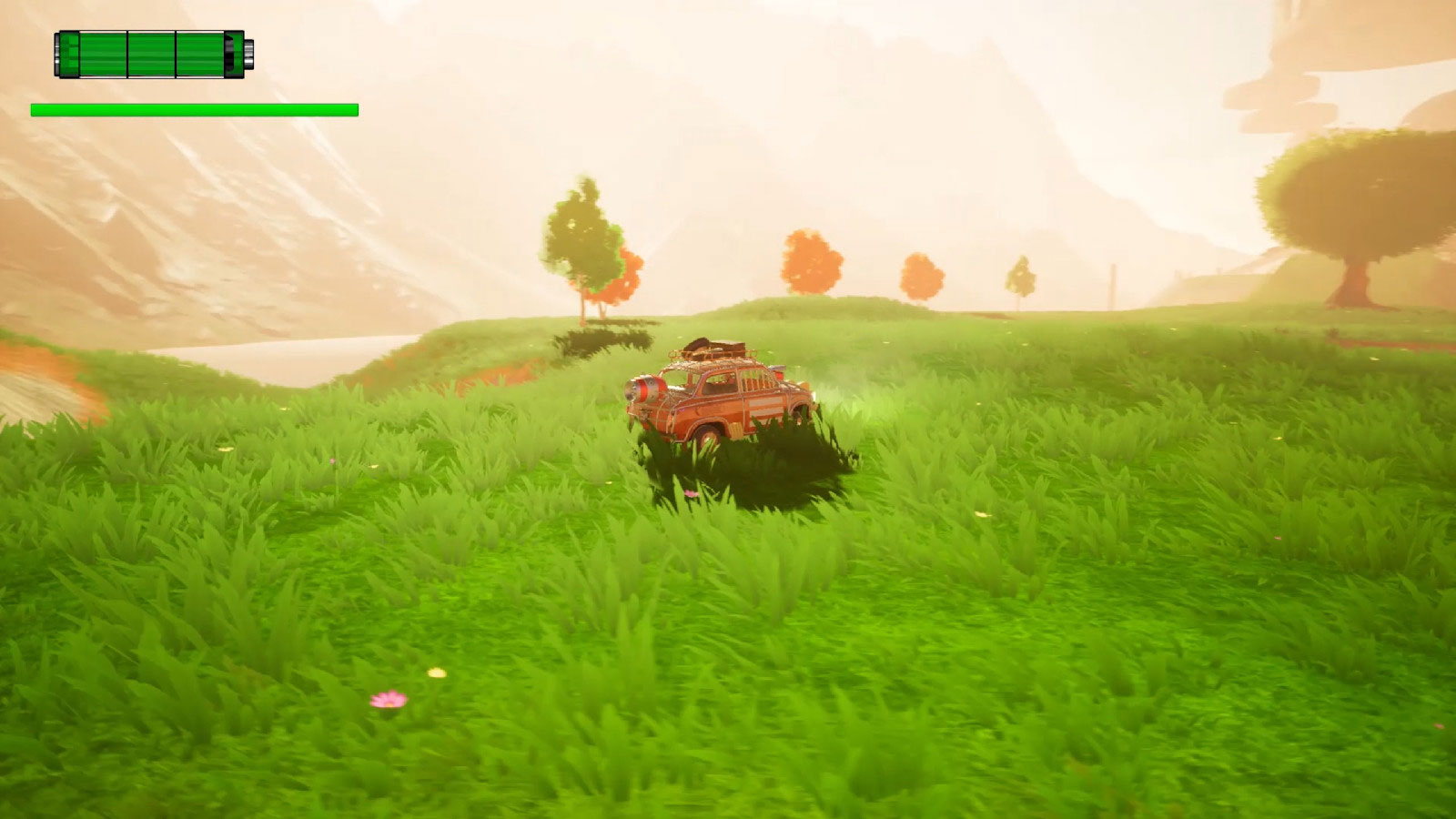 An old car with a rocket on the back sits in a serene pasture