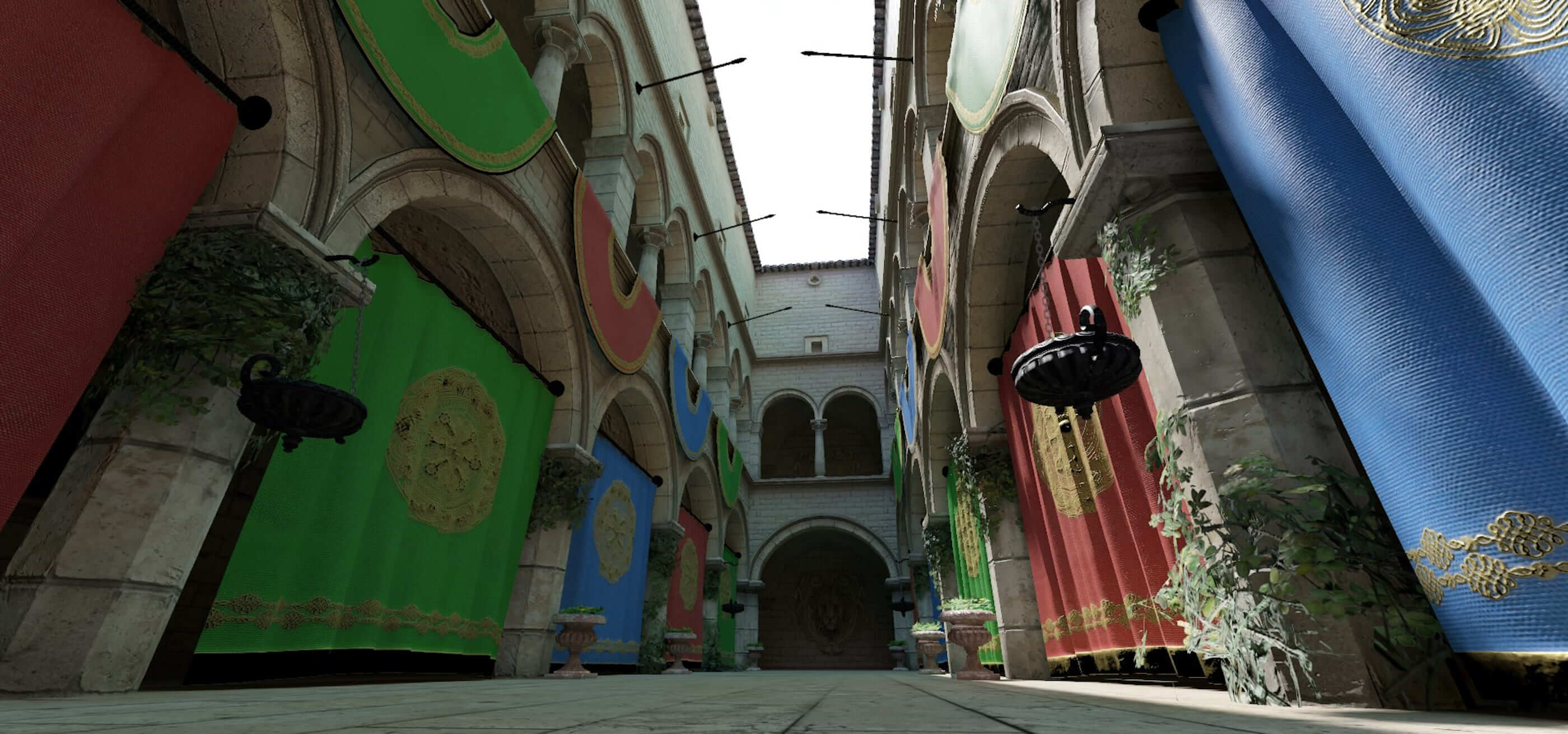 Frame from the Sponza Scene lighting test environment, featuring indoor and outdoor areas