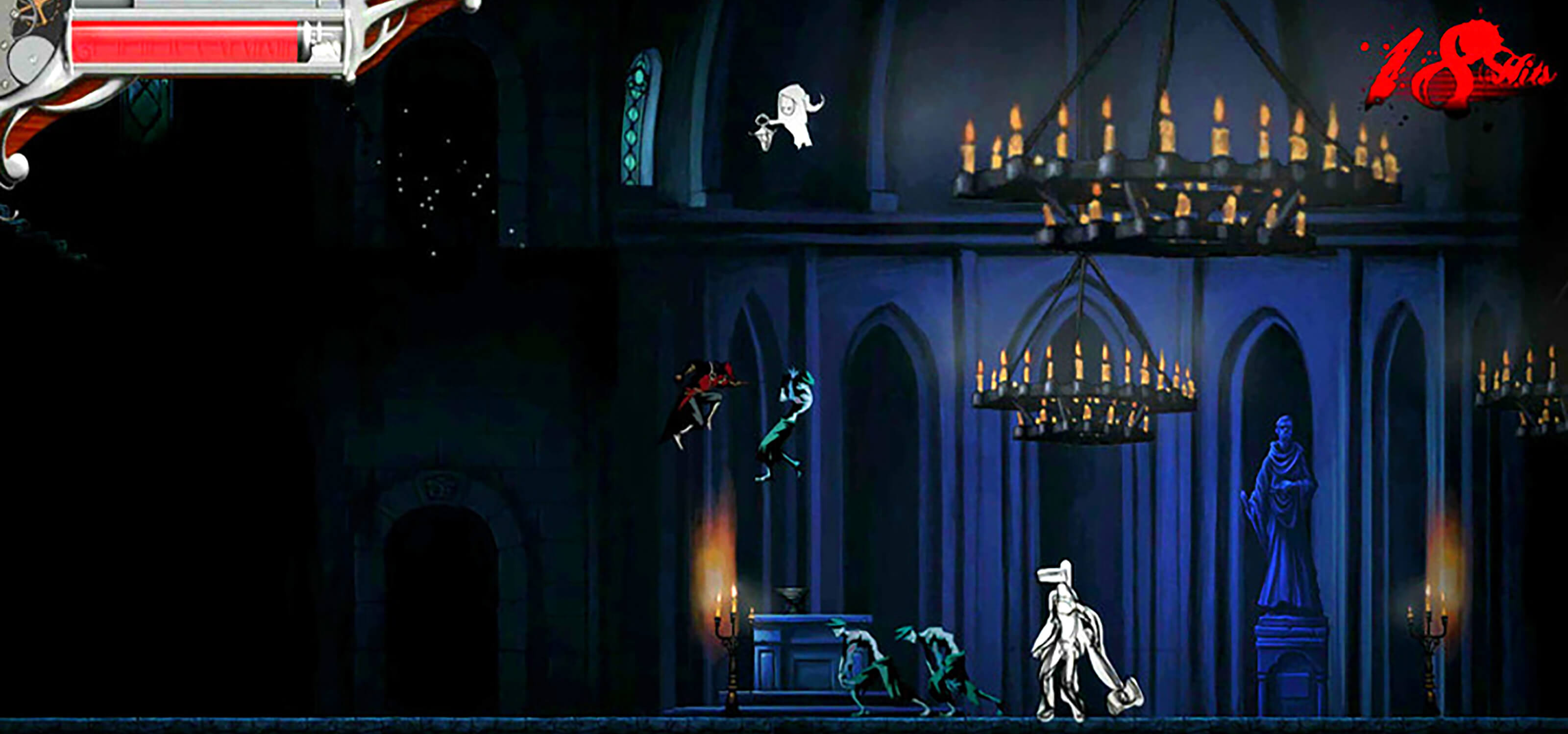 A swordsman in red fights a green zombie in midair in a spooky church